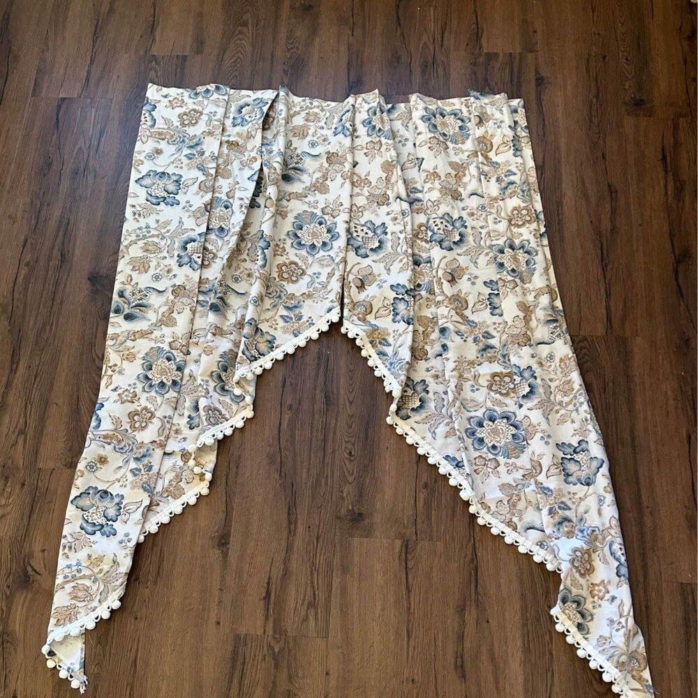 Blue Paisley And Cream Pom Pom Angled Curtains One Pair